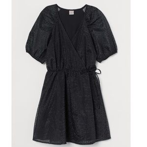 H&M Black Embroidered Organza V Neck Puff Sleeve Mini Dress